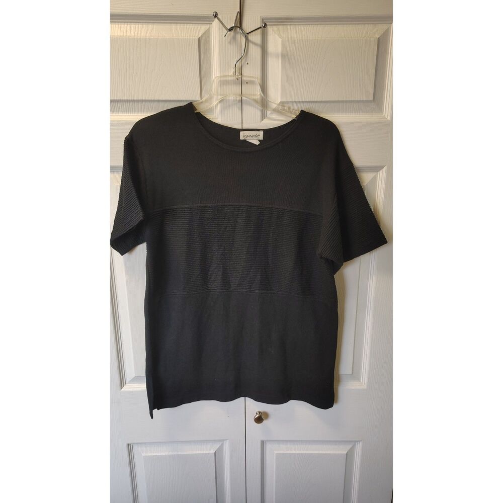 Agenda Black Textured Mixed Knit Short Sleeve Sweater Top Medium